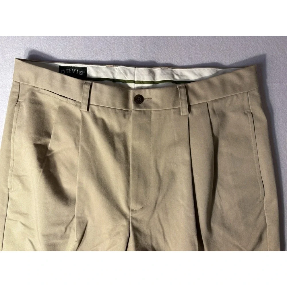 Orvis Men's Beige Twill Chino Pants 35x29 Classic Fit Stretch Pleated Front